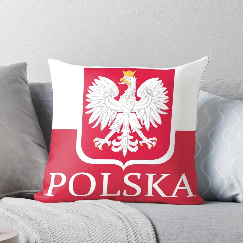 Patriotic Polish Polska flag printed on a decorative throw pillow