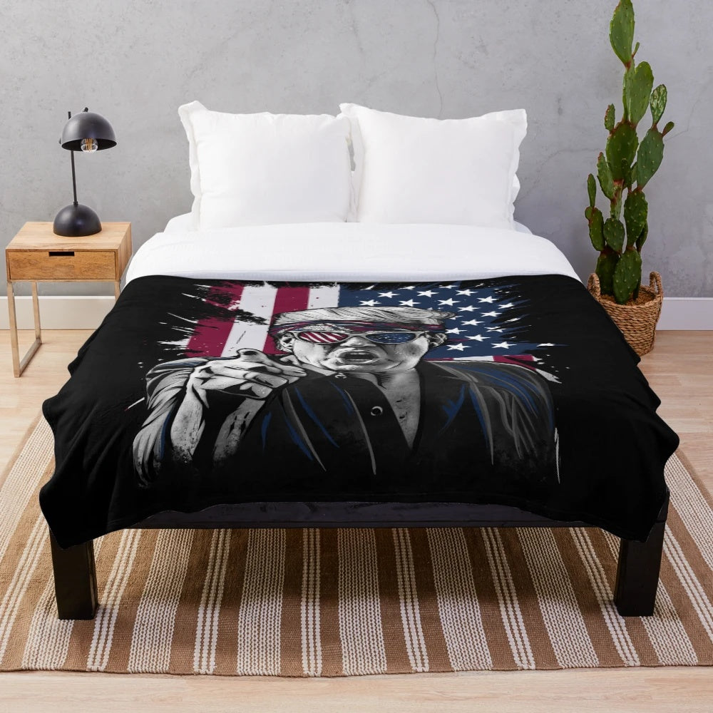 Plush blanket with bold American flag and political figure graphic