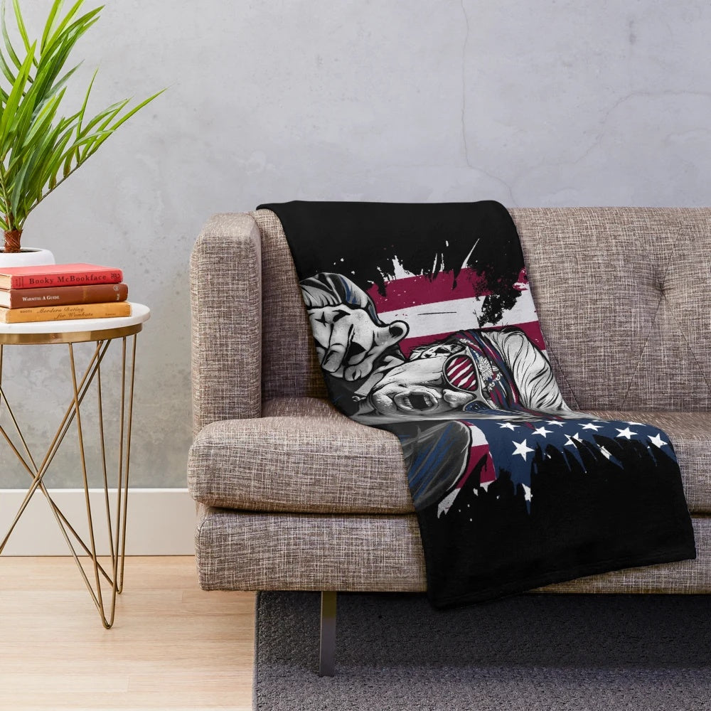 Plush blanket with bold American flag and political figure graphic