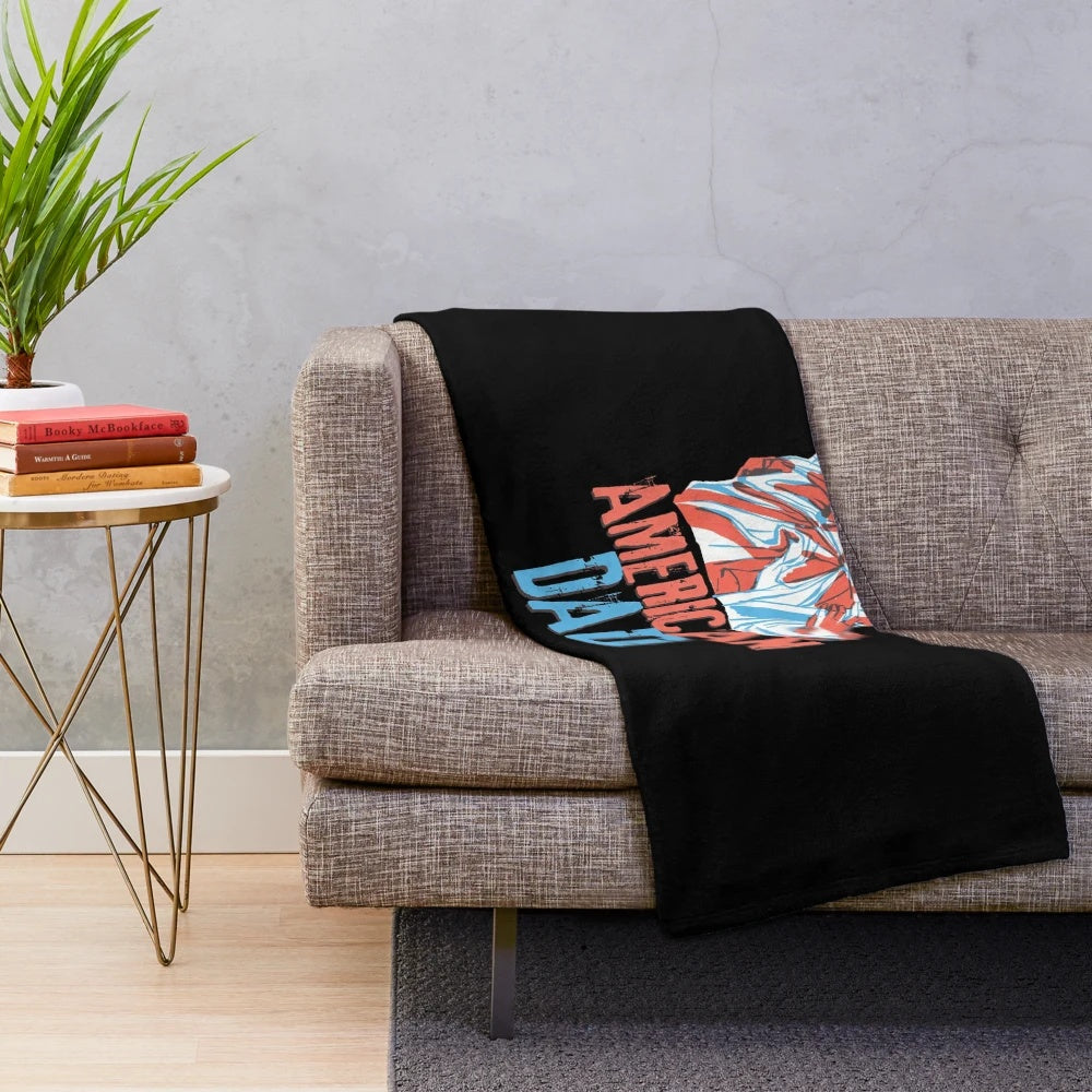 Patriotic plush blanket with Statue of Liberty inspired design and American Dad pop culture elements