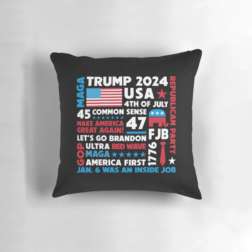 Trump 2024 MAGA design pillow with American flag and patriotic elements