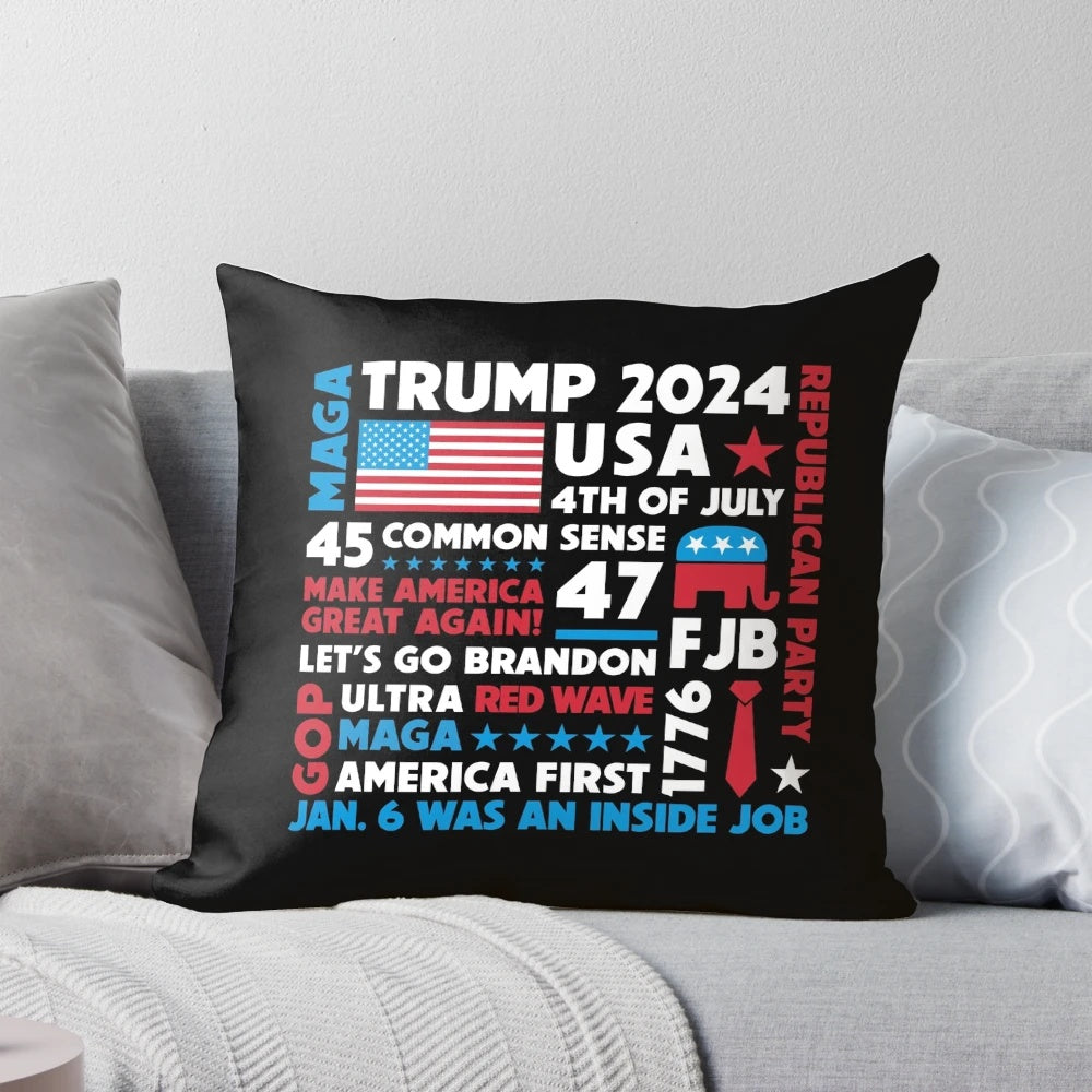 Trump 2024 MAGA design pillow with American flag and patriotic elements