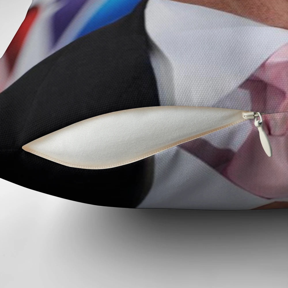 A white pillow with a portrait of former U.S. President Donald Trump printed on the front.