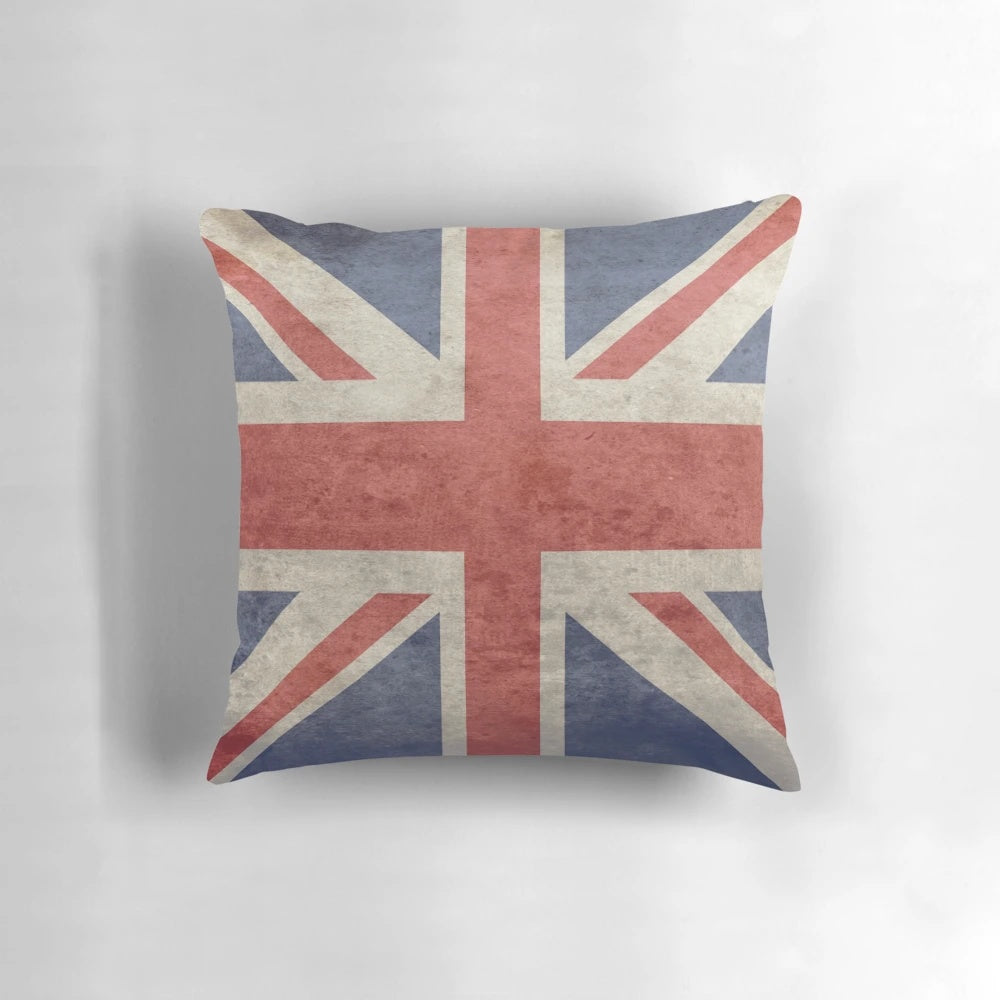 Union Jack throw blanket with distressed UK flag design and matching pillow cover
