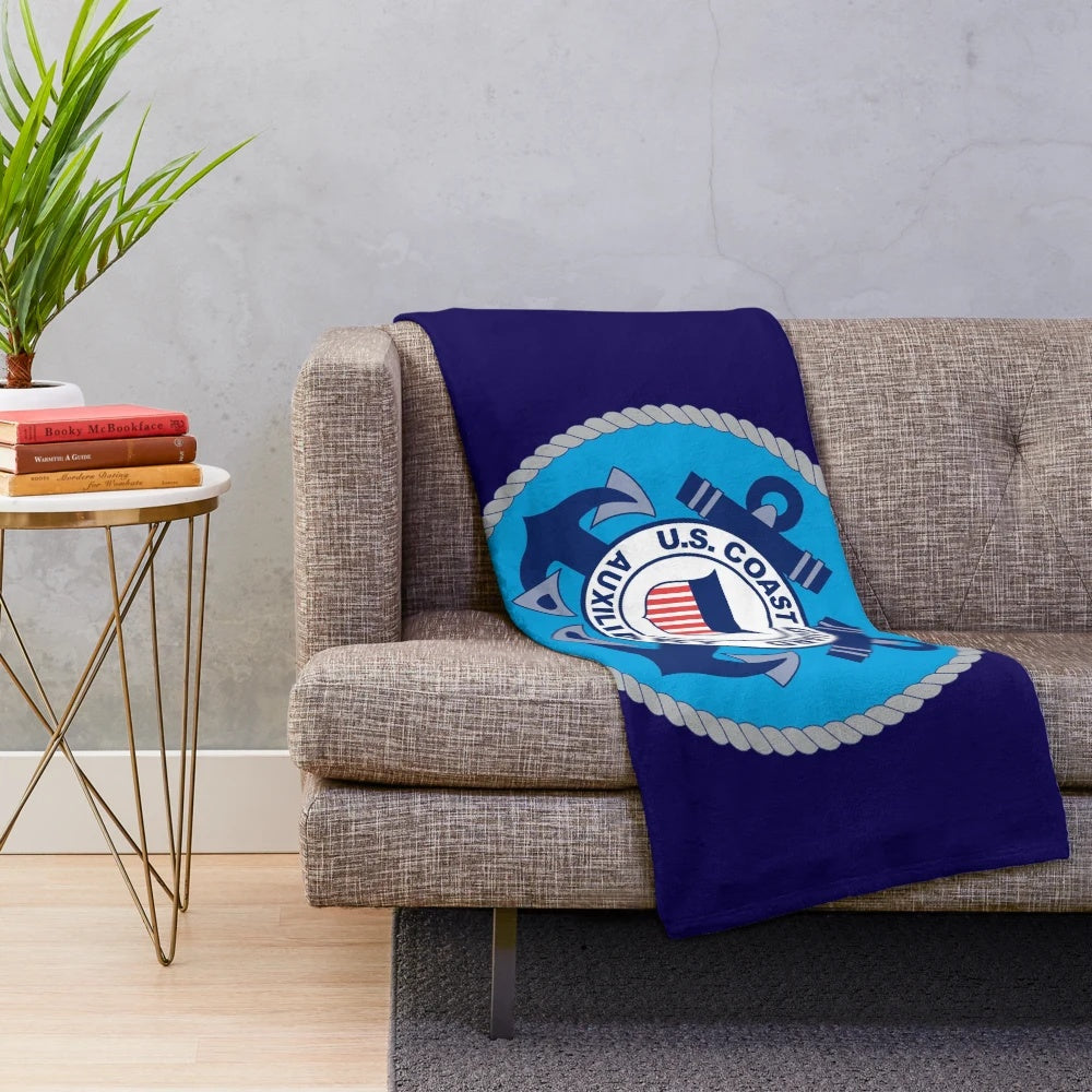Cozy and patriotic plush blanket featuring the United States Coast Guard Auxiliary logo