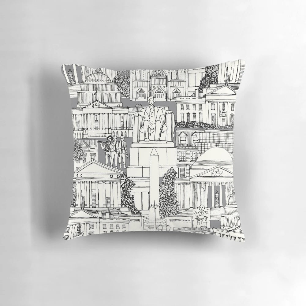 Washington DC toile gray decorative pillow featuring the Capitol Building, White House, and other iconic landmarks