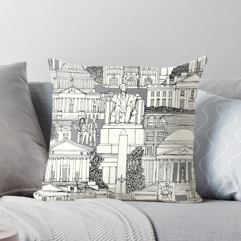 Washington DC toile gray decorative pillow featuring the Capitol Building, White House, and other iconic landmarks
