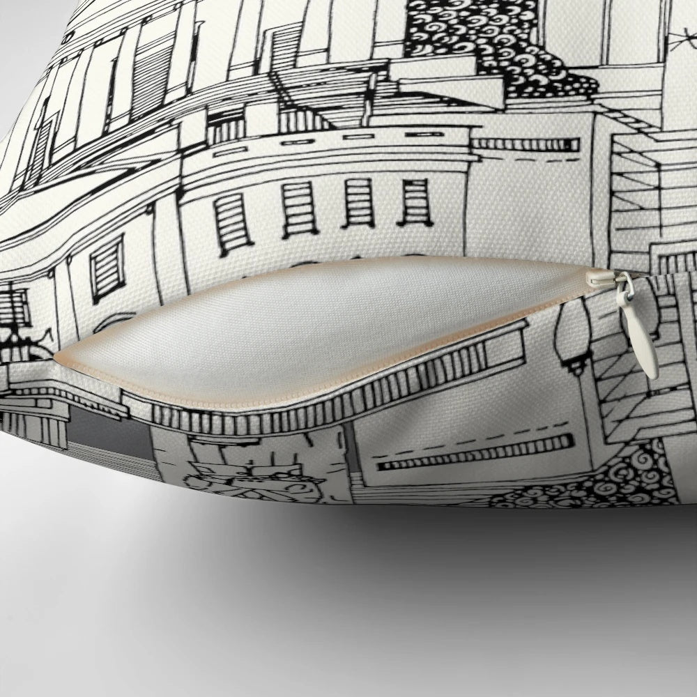 Washington DC toile gray decorative pillow featuring the Capitol Building, White House, and other iconic landmarks