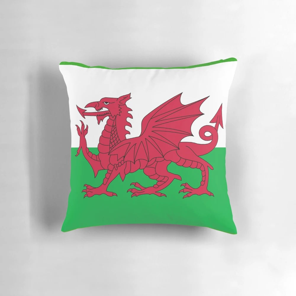 Patriotic Welsh flag design on a t-shirt, bedspread, and pillow