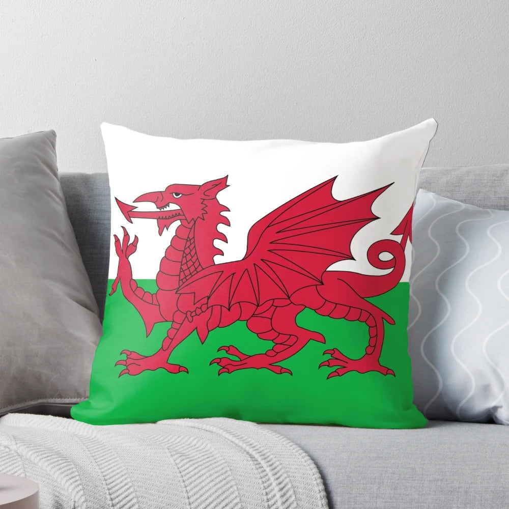 Patriotic Welsh flag design on a t-shirt, bedspread, and pillow