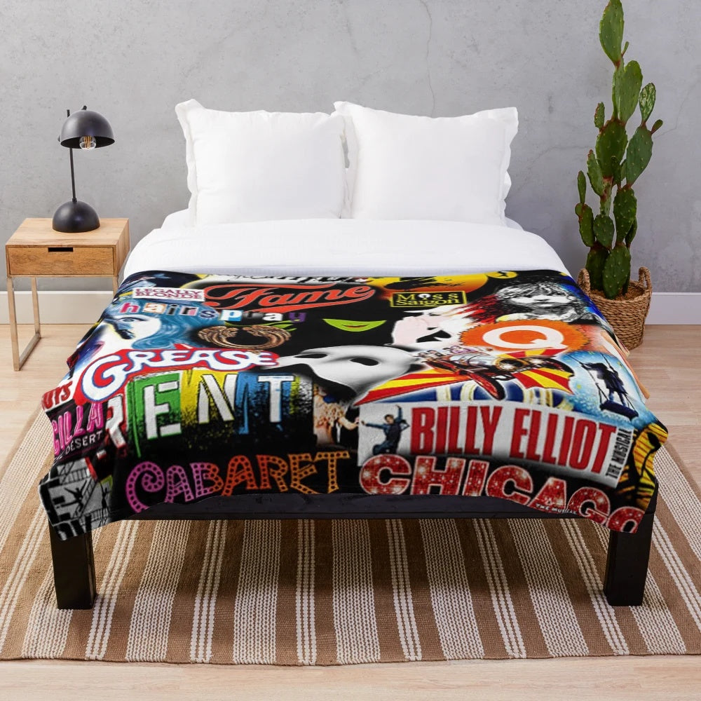 Patterned plush blanket with collage of musical theater imagery