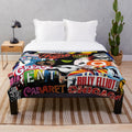 Patterned plush blanket with collage of musical theater imagery
