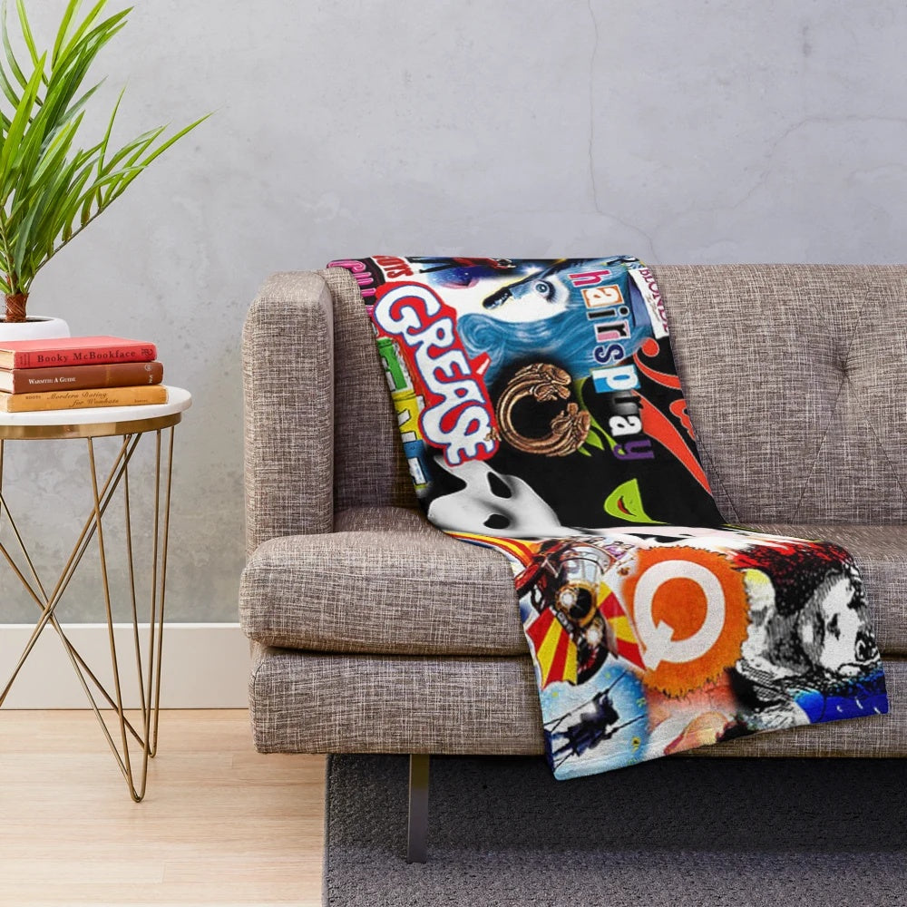 Patterned plush blanket with collage of musical theater imagery
