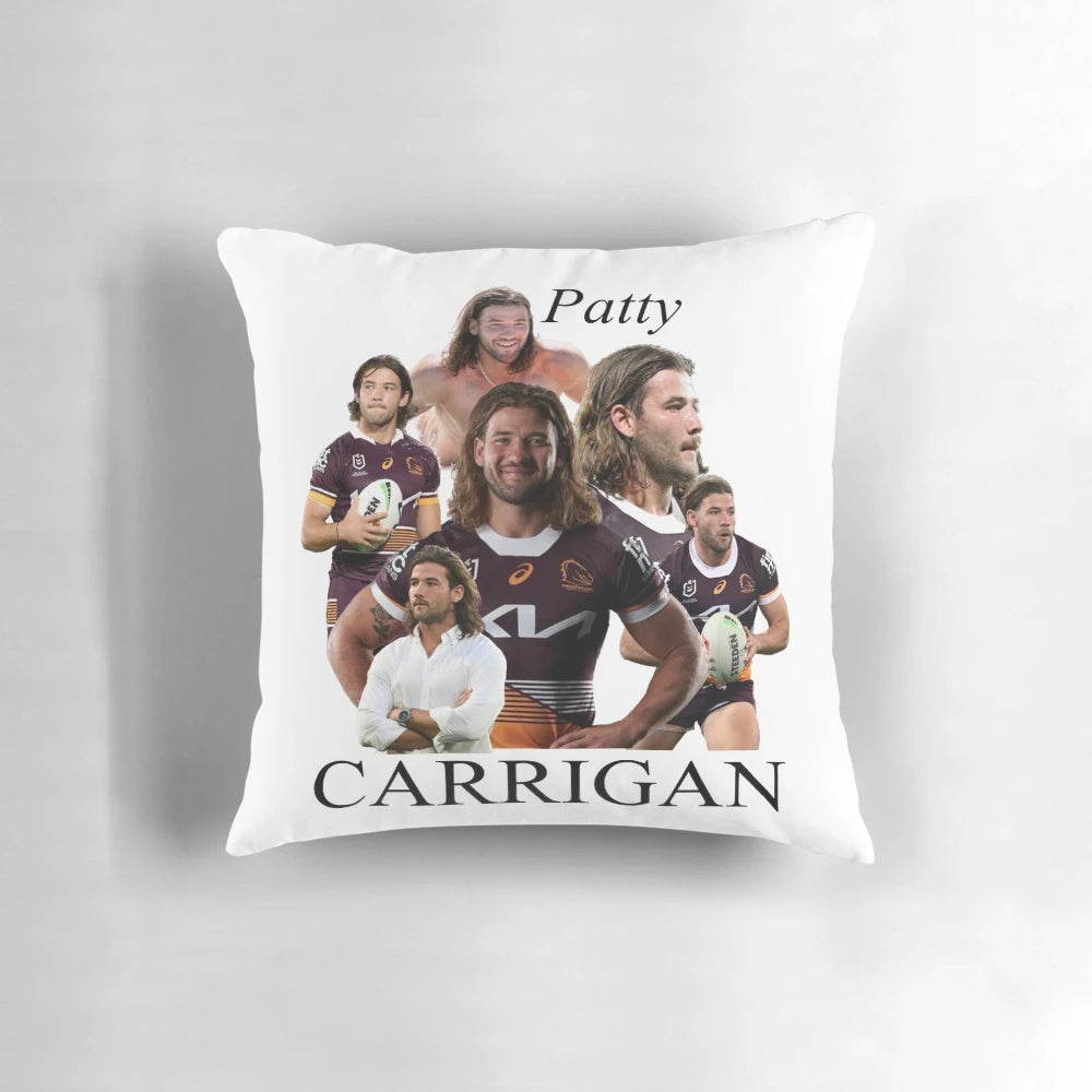 Patty Carrigan NRL Broncos footy-themed collage design printed on a plush pillow