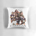 Patty Carrigan NRL Broncos footy-themed collage design printed on a plush pillow