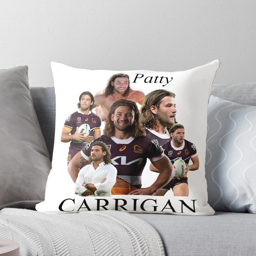 Patty Carrigan NRL Broncos footy-themed collage design printed on a plush pillow