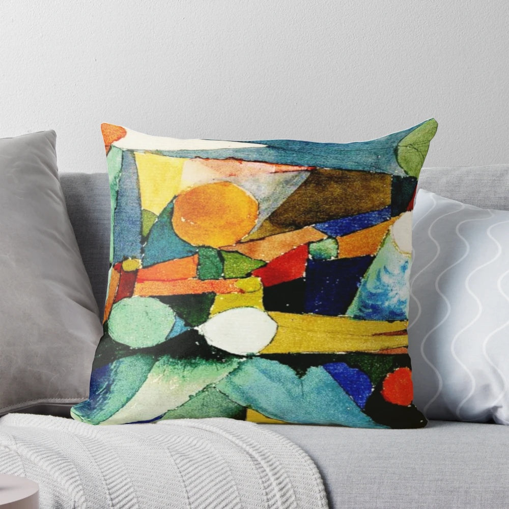 Vibrant abstract watercolor art by Paul Klee, featuring playful color shapes, printed on a high-quality throw pillow.