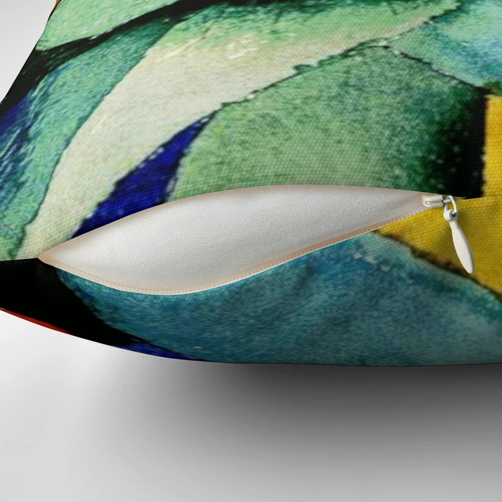 Vibrant abstract watercolor art by Paul Klee, featuring playful color shapes, printed on a high-quality throw pillow.