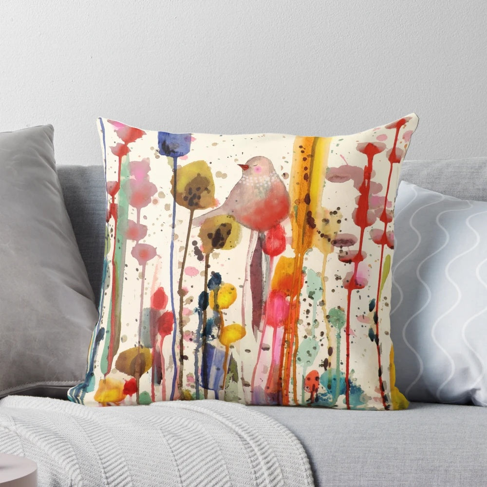 Soft, decorative pillow featuring a serene bird and flower nature scene in vivid colors