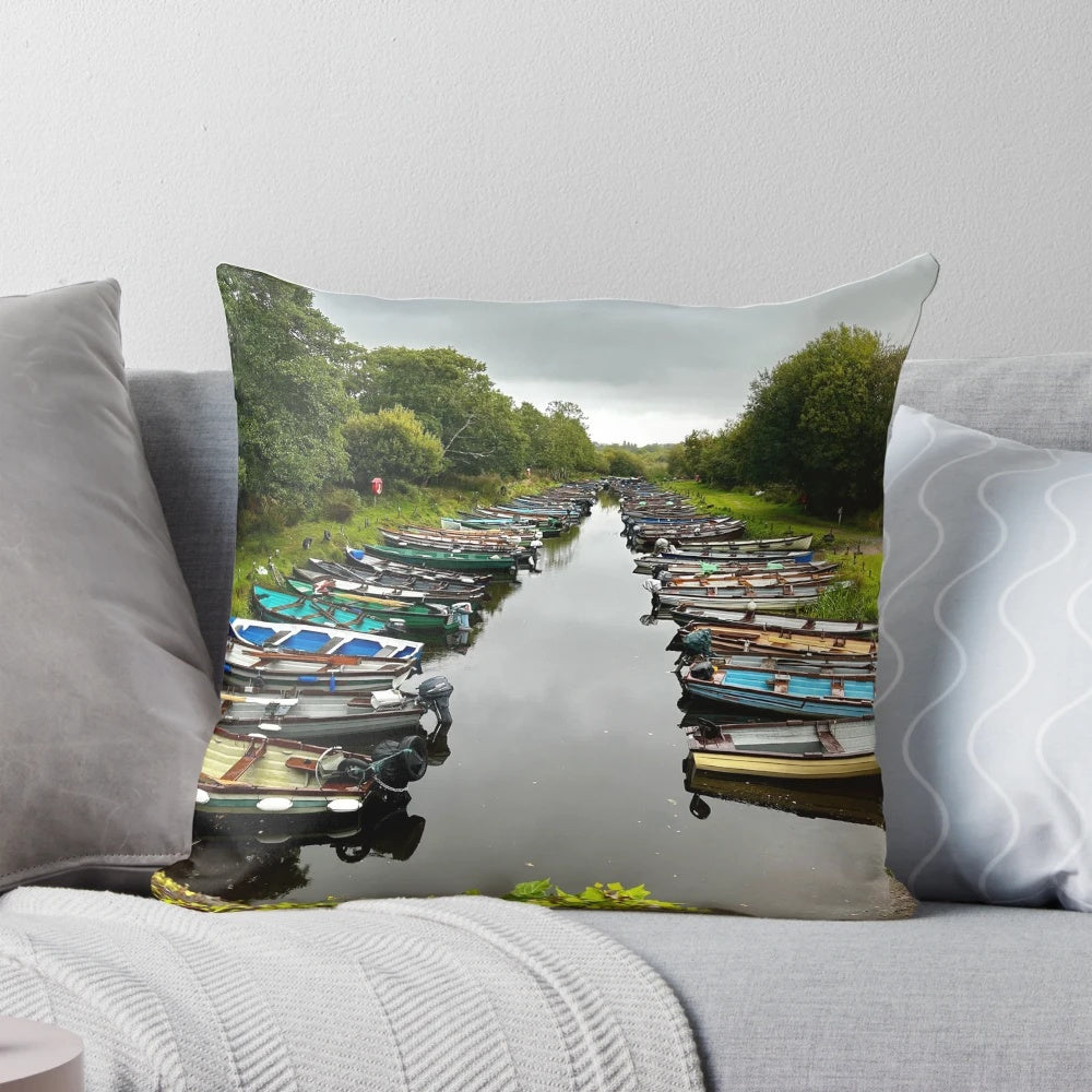 Peaceful image of fishing boats docked on a river or canal with the focus keyword "fishing boats