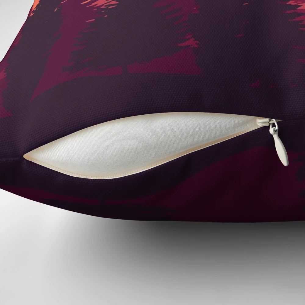 A soft, plush pillow featuring a scenic mountain landscape at sunset.