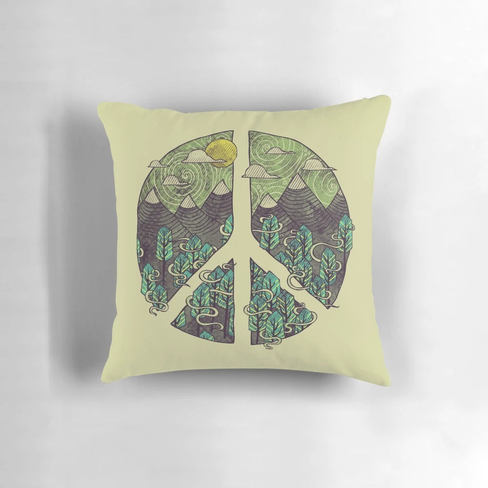 Serene mountain landscape pillow featuring a peaceful forest, cloudy sky, and sun