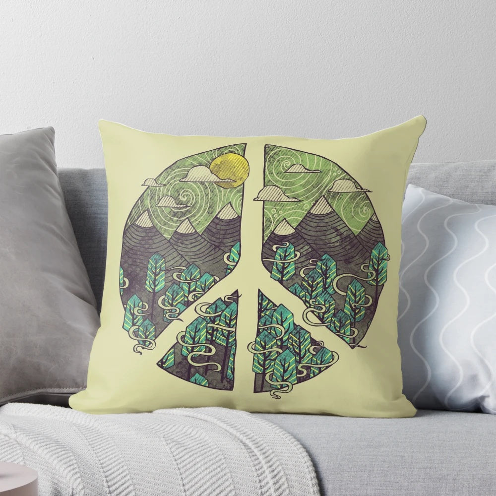 Serene mountain landscape pillow featuring a peaceful forest, cloudy sky, and sun