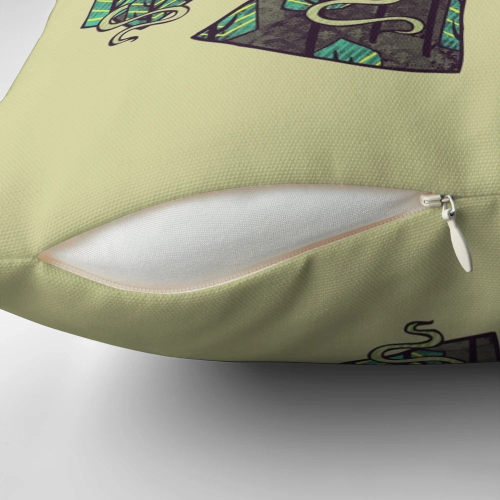 Serene mountain landscape pillow featuring a peaceful forest, cloudy sky, and sun