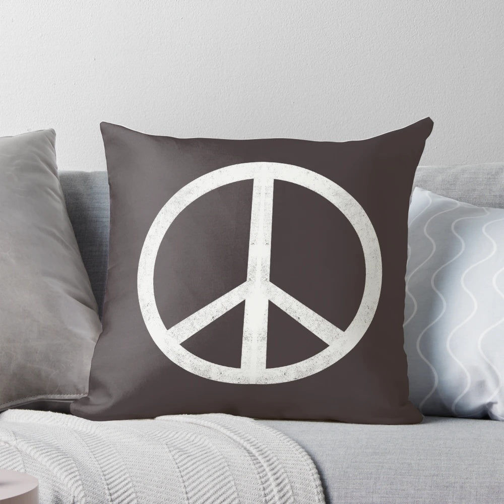 Peaceful Pillow with a Woodblock Print Design Featuring a Peace Sign and Earthy Tones