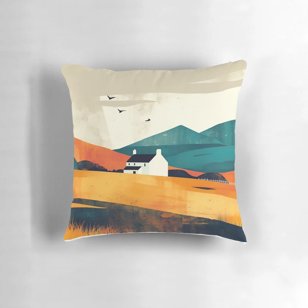 Serene digital illustration of the Scottish highlands with rolling hills, moorland, and a vibrant sunset sky.