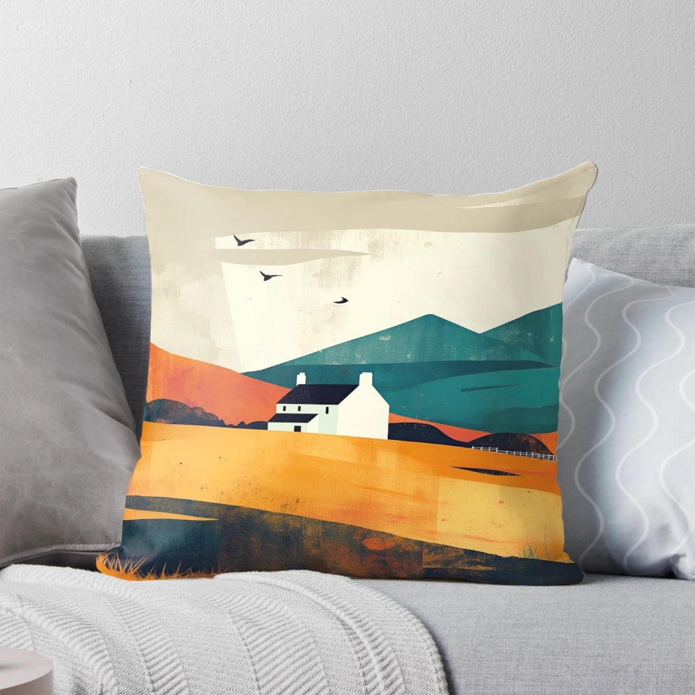 Serene digital illustration of the Scottish highlands with rolling hills, moorland, and a vibrant sunset sky.