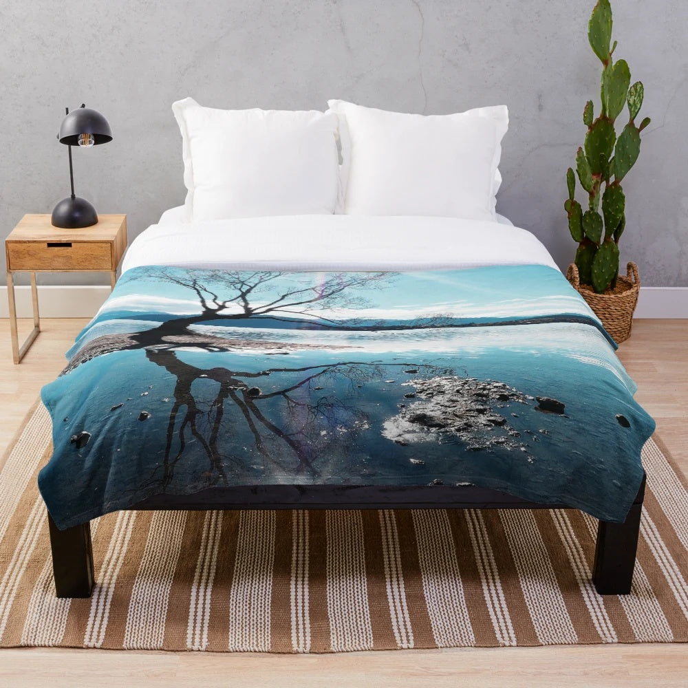 Wanaka tree plush blanket with serene reflection and picturesque landscape