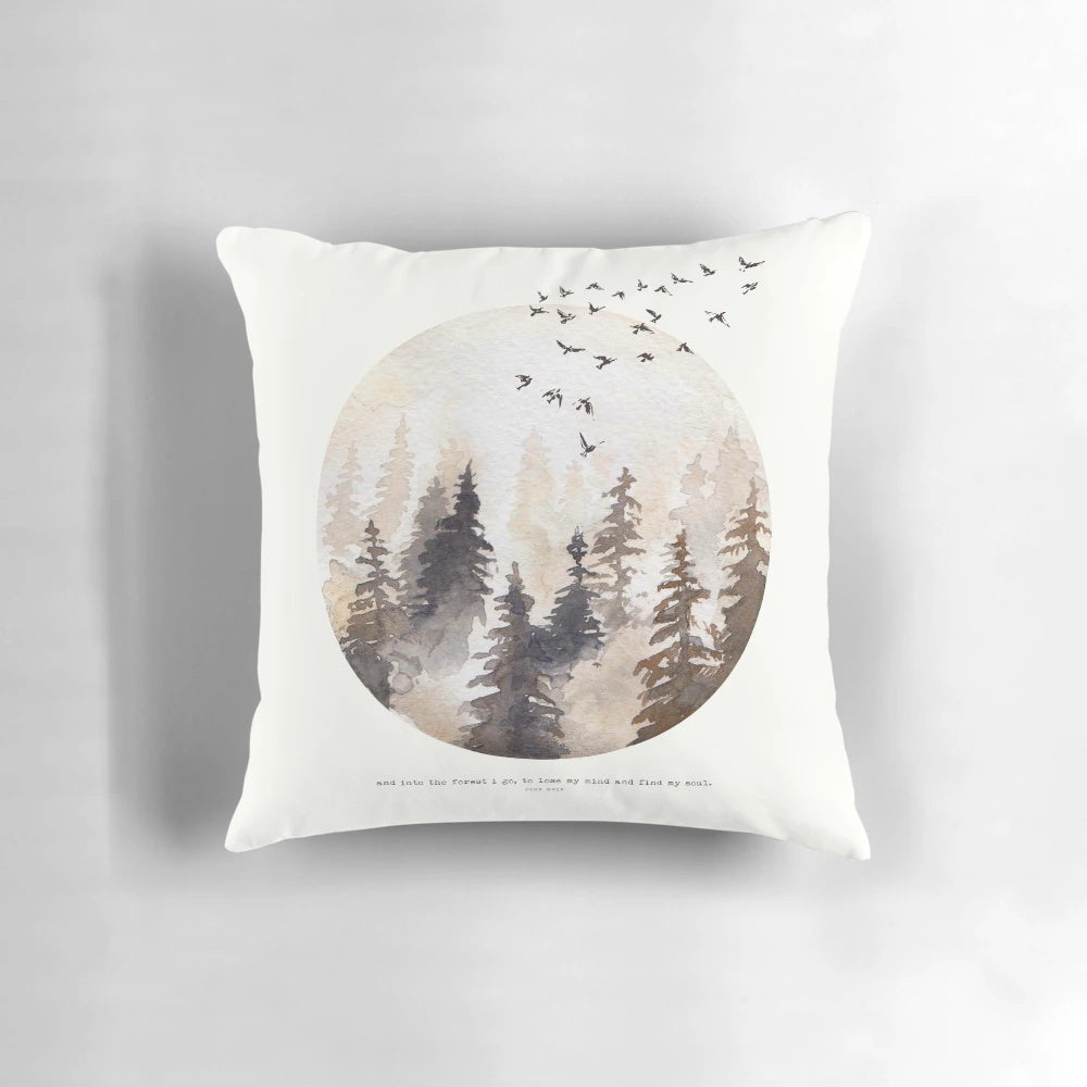 Pillow featuring a serene forest scene with pine trees, perfect for nature enthusiasts and outdoor adventurers.