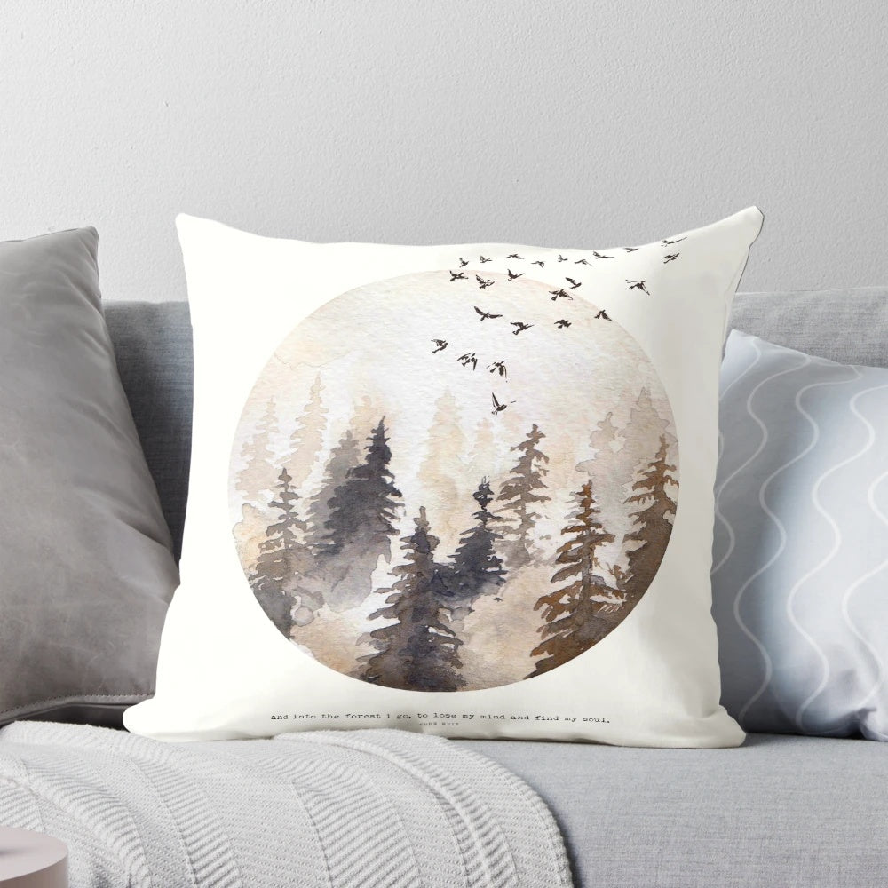 Pillow featuring a serene forest scene with pine trees, perfect for nature enthusiasts and outdoor adventurers.