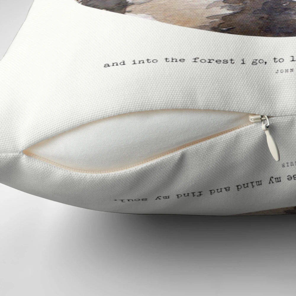 Pillow featuring a serene forest scene with pine trees, perfect for nature enthusiasts and outdoor adventurers.