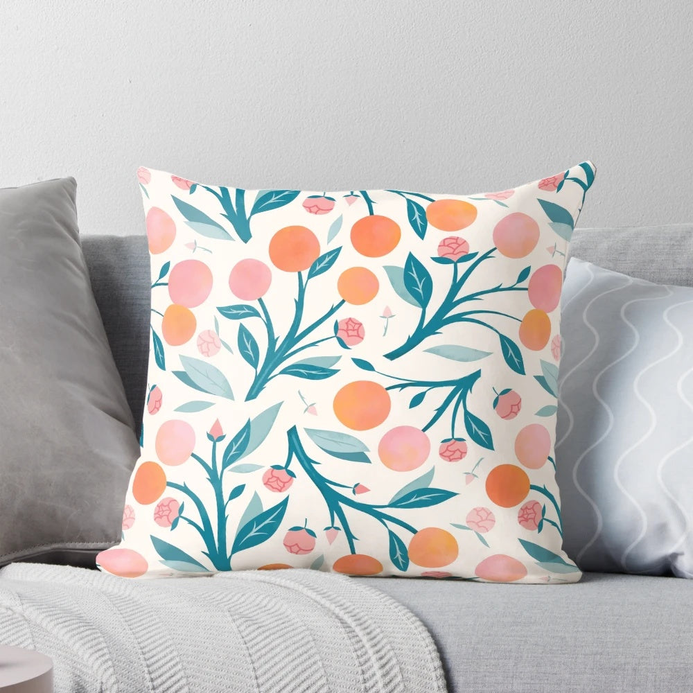 Peach and peony botanical decorative pillow with a fresh, summery design