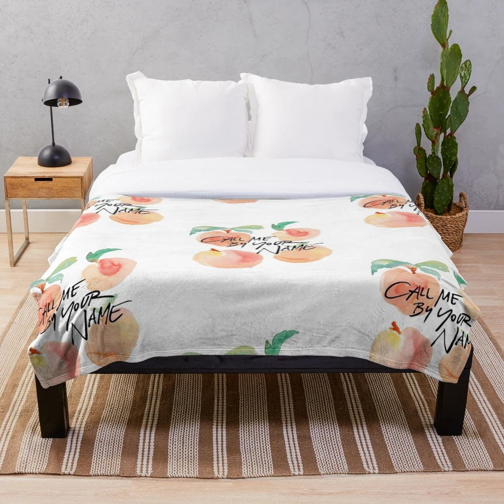 Peaches plush blanket featuring quotes and imagery from the popular film and book "Call Me By Your Name
