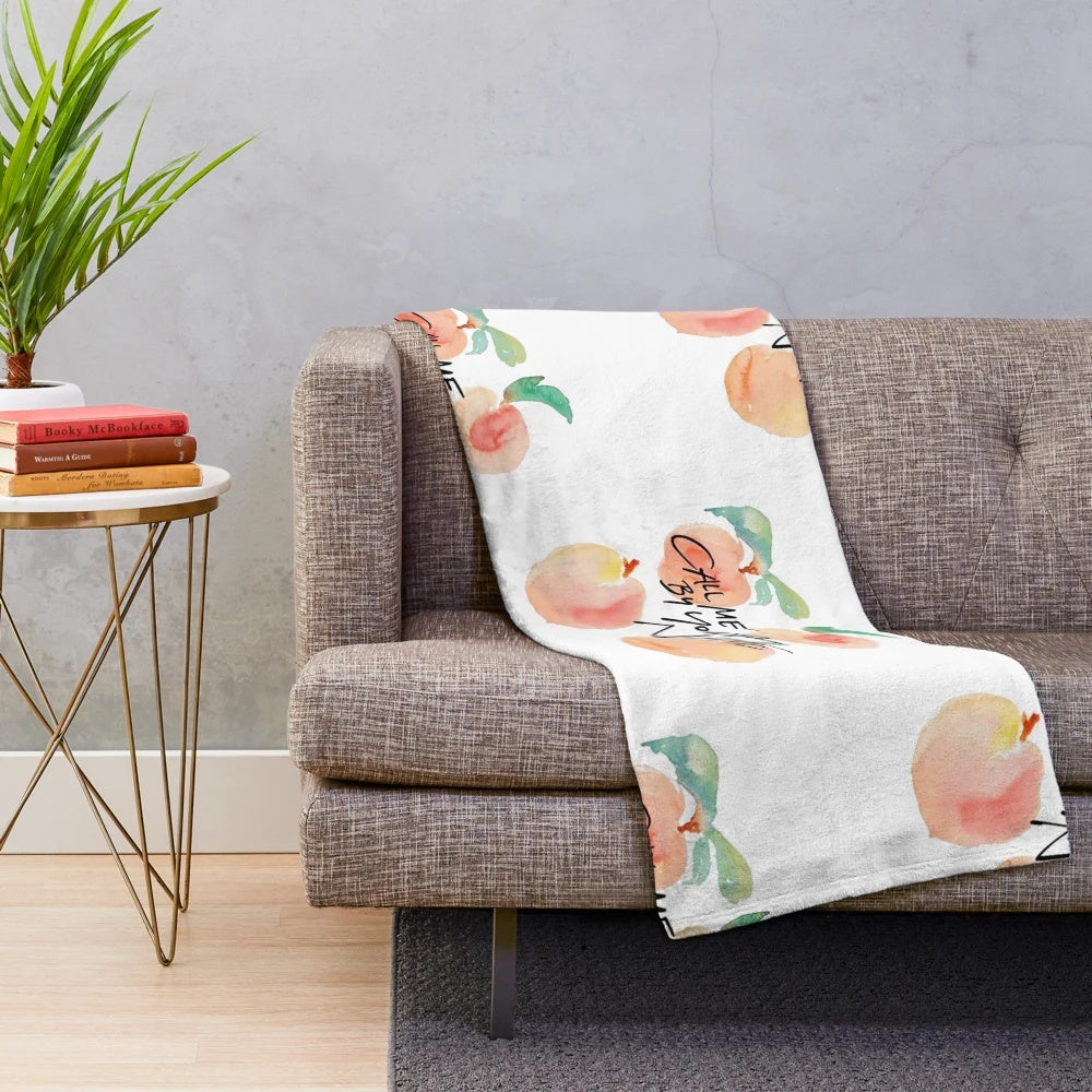 Peaches plush blanket featuring quotes and imagery from the popular film and book "Call Me By Your Name