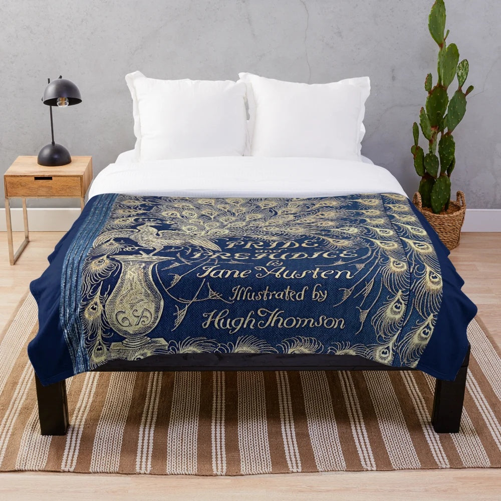 Pride and Prejudice inspired plush blanket with peacock edition book cover design