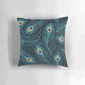 Vibrant peacock feathers arranged on a soft, plush pillow for a nature-inspired touch to any room.