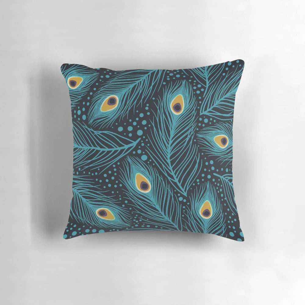 Vibrant peacock feathers arranged on a soft, plush pillow for a nature-inspired touch to any room.