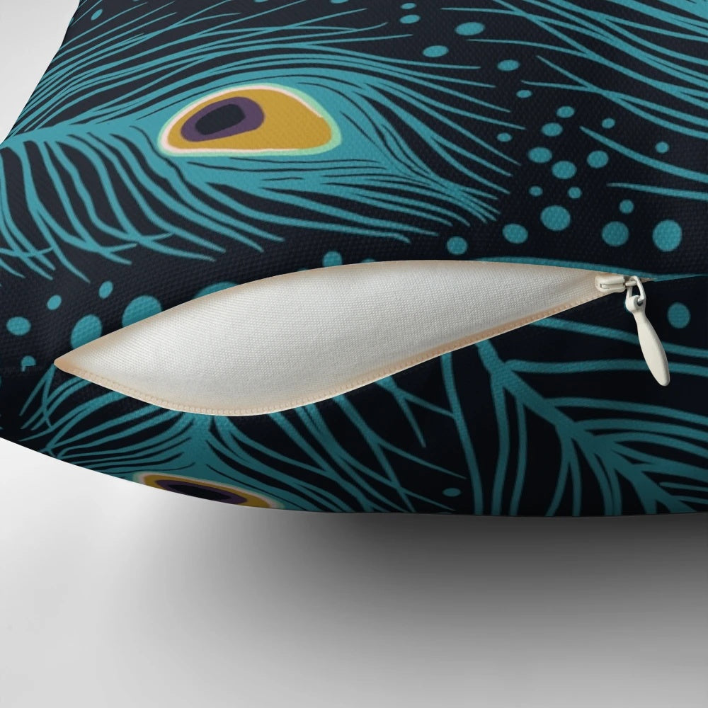 Vibrant peacock feathers arranged on a soft, plush pillow for a nature-inspired touch to any room.