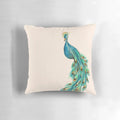 Vibrant peacock feather design on a decorative throw pillow