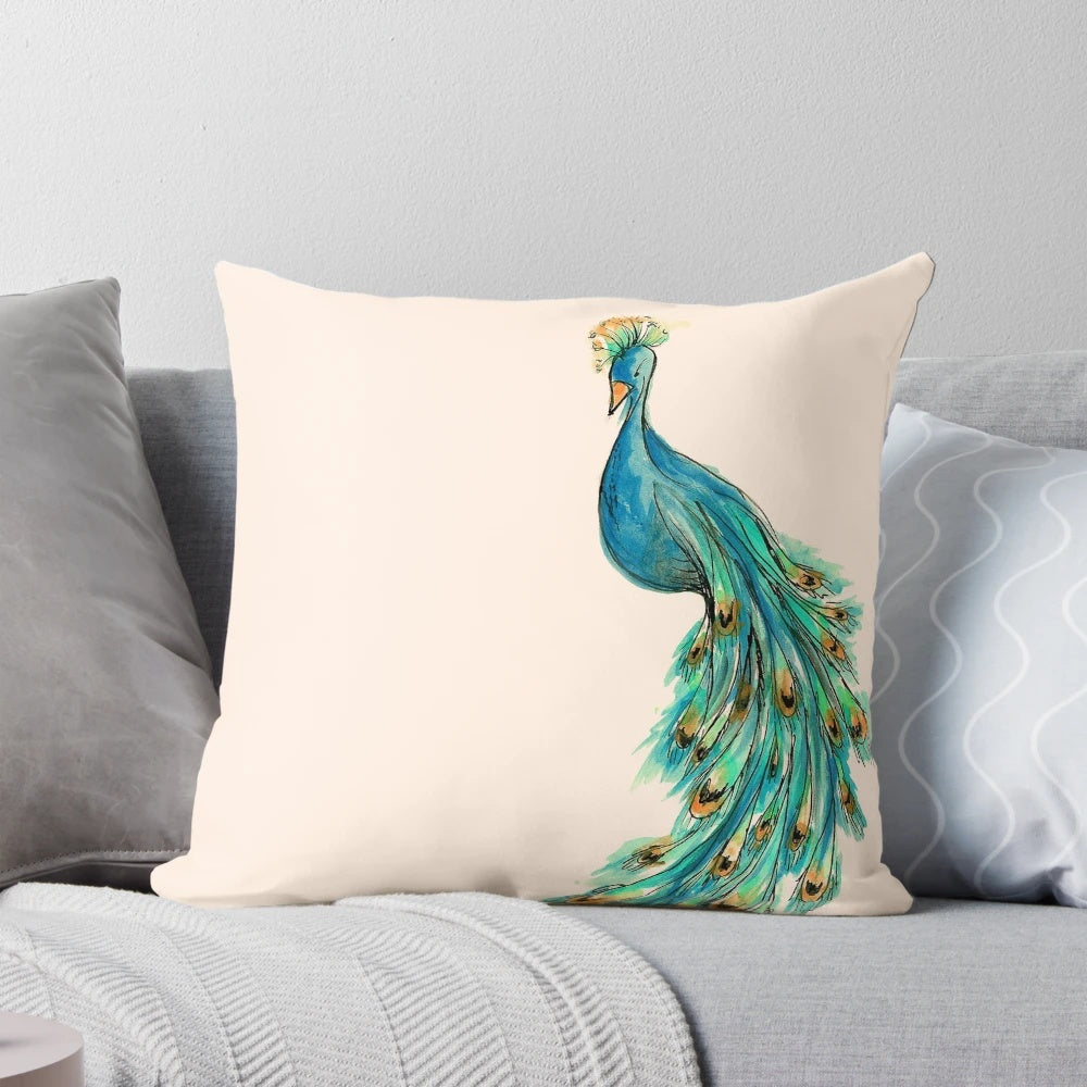 Vibrant peacock feather design on a decorative throw pillow