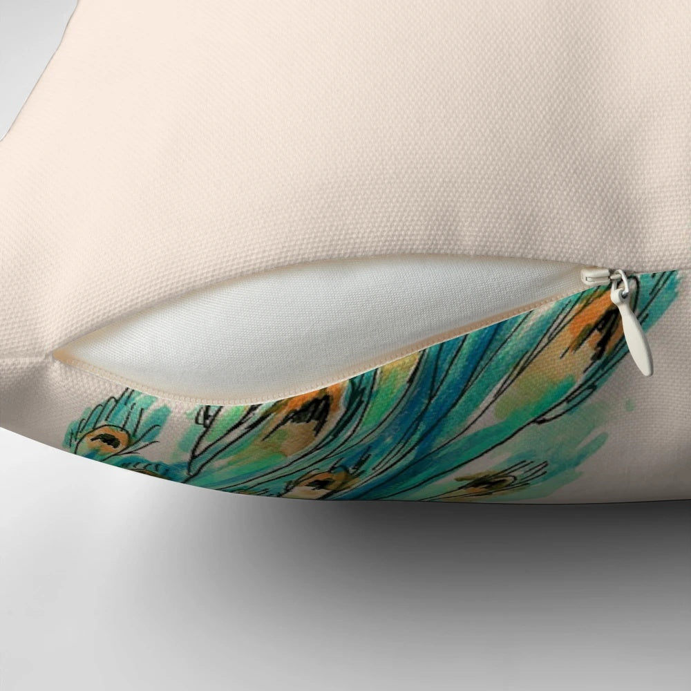 Vibrant peacock feather design on a decorative throw pillow