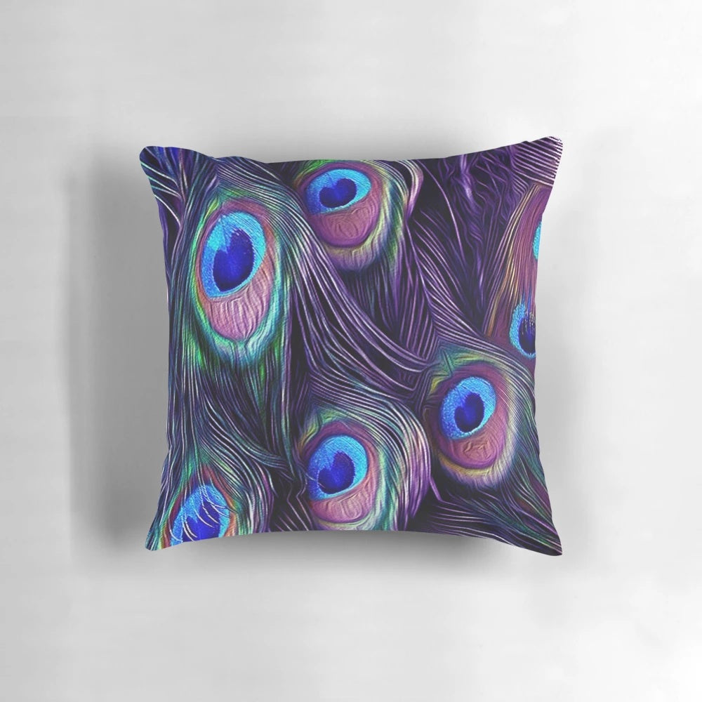 Peacock feather decorative throw pillow showcasing vibrant blue and purple colors and textured pattern