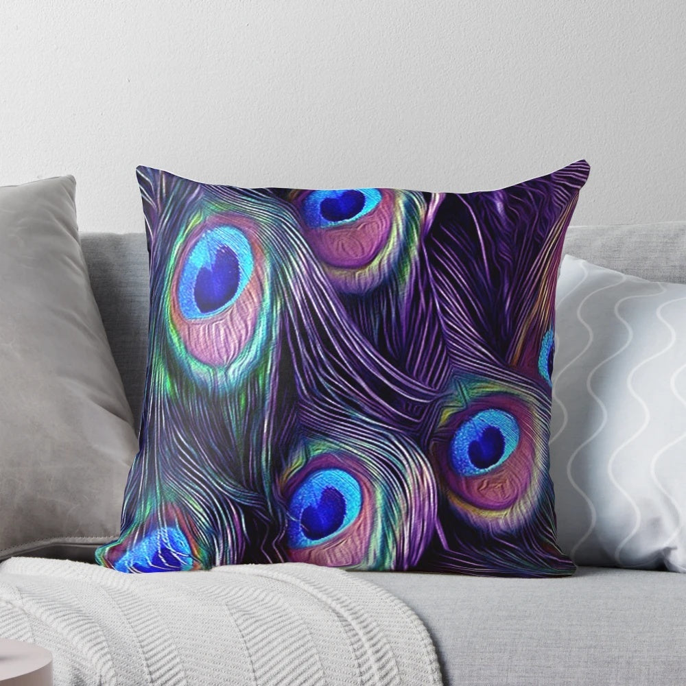 Peacock feather decorative throw pillow showcasing vibrant blue and purple colors and textured pattern