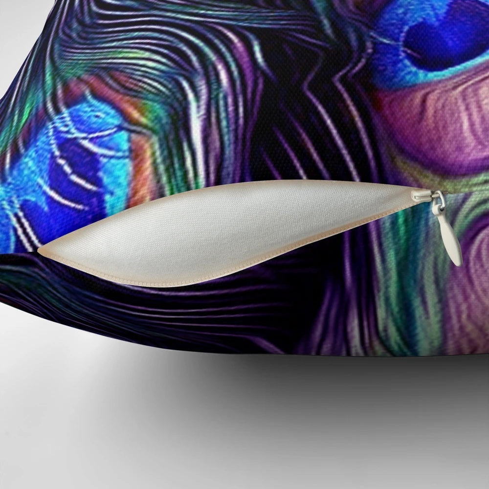 Peacock feather decorative throw pillow showcasing vibrant blue and purple colors and textured pattern
