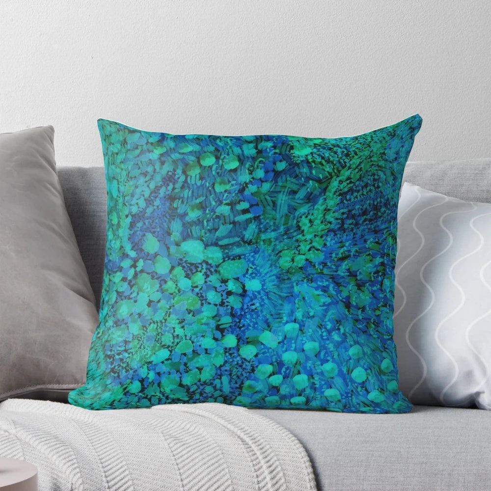 Vibrant peacock watercolor painting printed on a soft, plush throw pillow