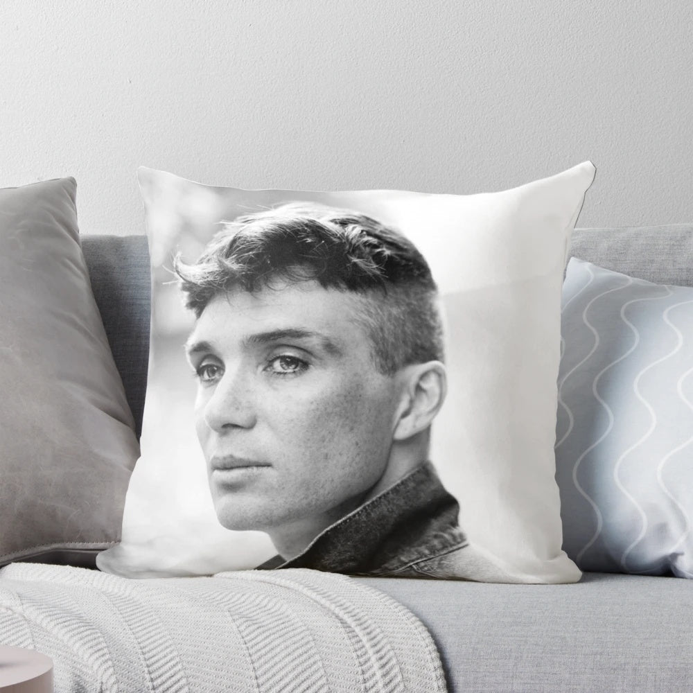 Cillian Murphy as Tommy Shelby from Peaky Blinders printed on a soft, high-quality pillow